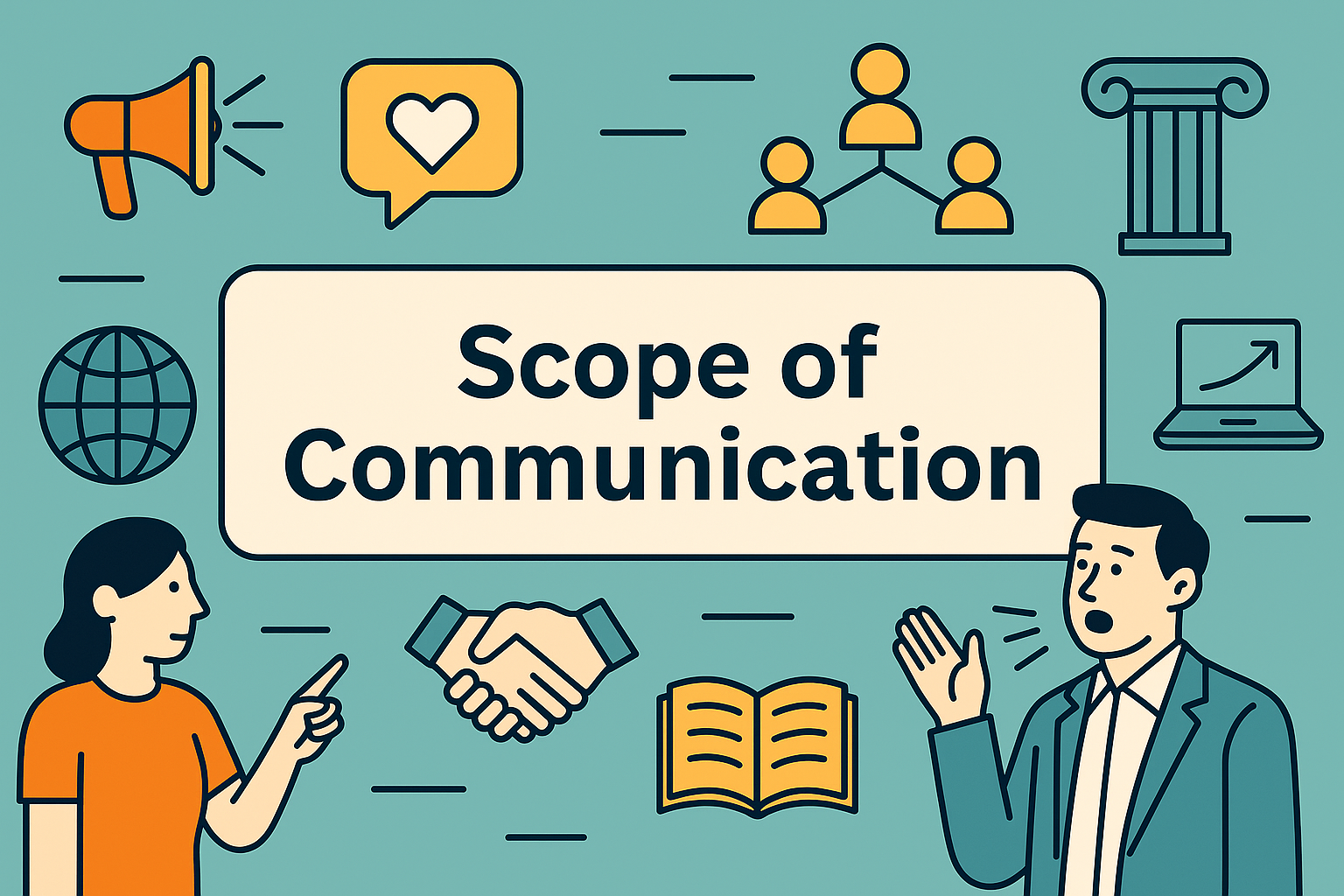 Illustration showing the scope of communication with icons representing global reach, emotional connection, teamwork, education, and digital interaction — designed for media studies, UGC NET, and communication blogs