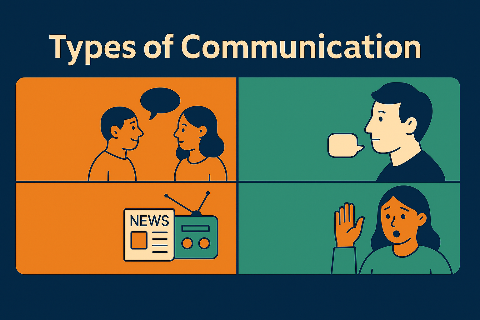 Illustration showing four types of communication – interpersonal, intrapersonal, mass communication, and non-verbal – with the title 'Types of Communication' in a clean flat design layout, ideal for educational and blog use