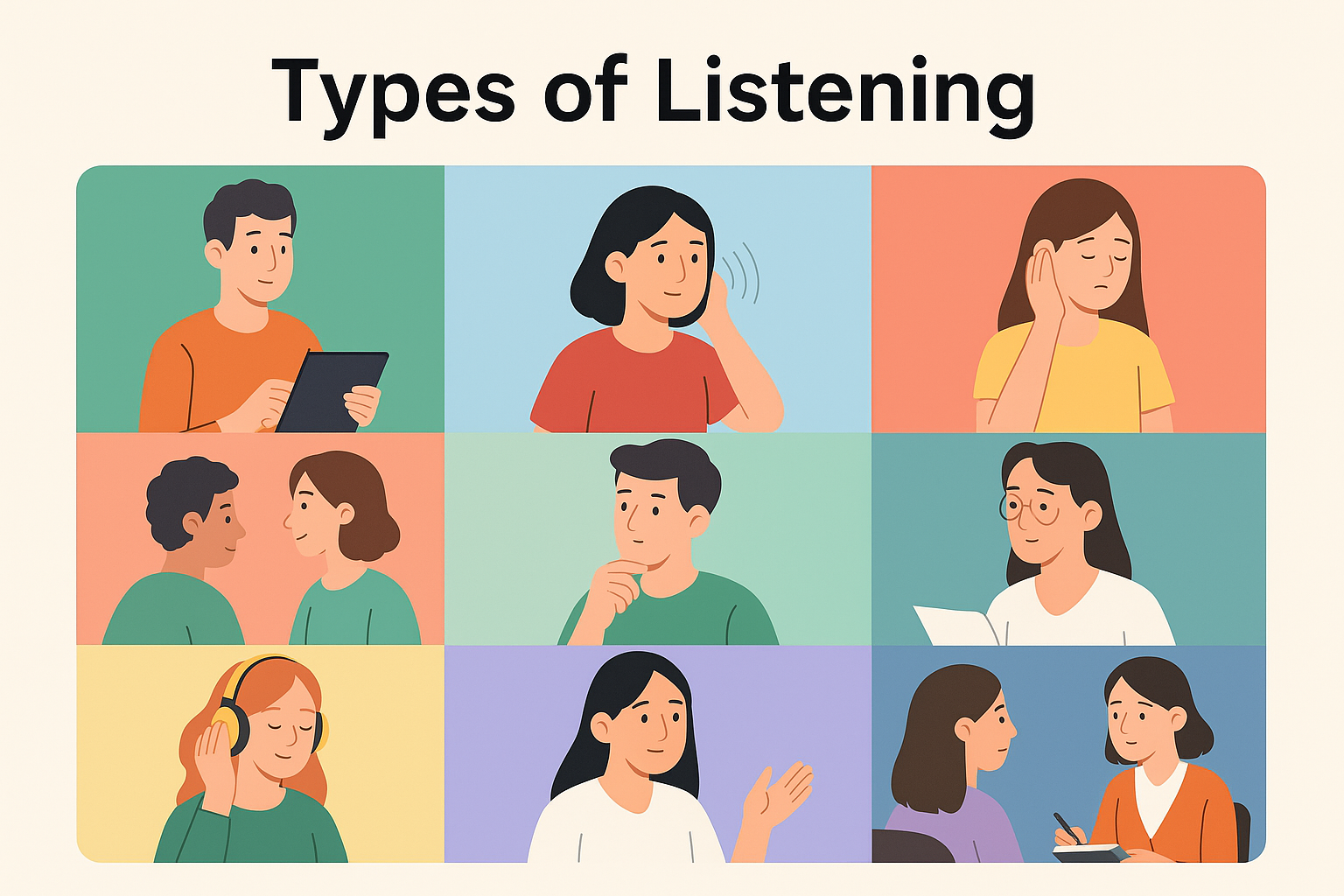 Illustration showing various people engaged in different listening scenarios, with the title 'Types of Listening' displayed at the top in a 16:9 layout, suitable for educational or blog content on communication skills.