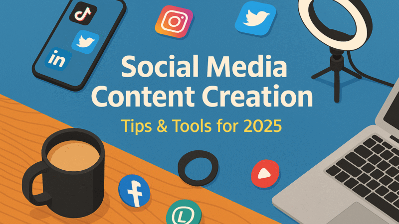 Social media content creation banner featuring tools like smartphone, laptop, ring light, and icons of TikTok, Instagram, LinkedIn, and Twitter, with bold text 'Social Media Content Creation: Tips & Tools for 2025' on a modern digital workspace background, perfect for blog and digital marketing visuals