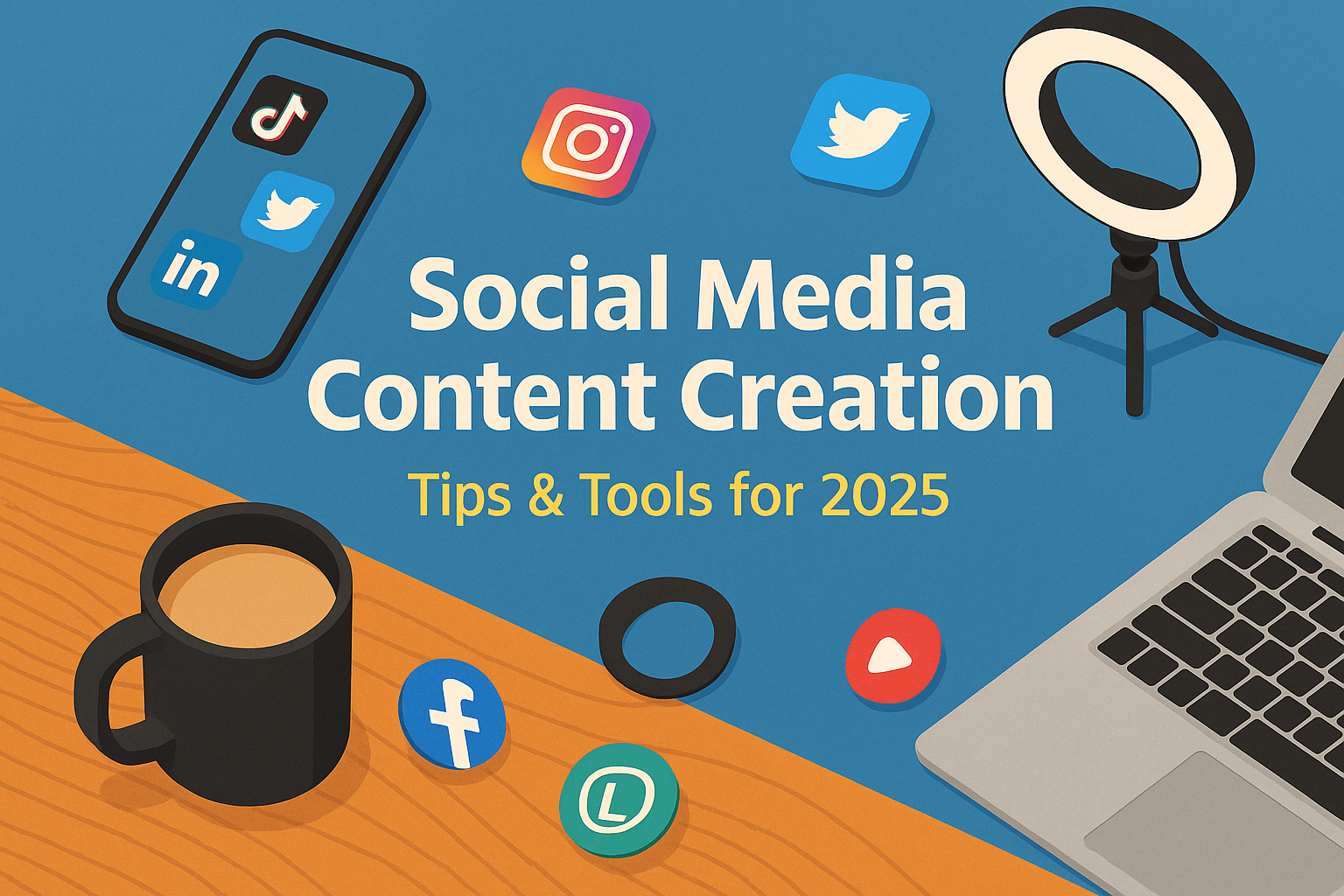 Social media content creation banner featuring tools like smartphone, laptop, ring light, and icons of TikTok, Instagram, LinkedIn, and Twitter, with bold text 'Social Media Content Creation: Tips & Tools for 2025' on a modern digital workspace background, perfect for blog and digital marketing visuals