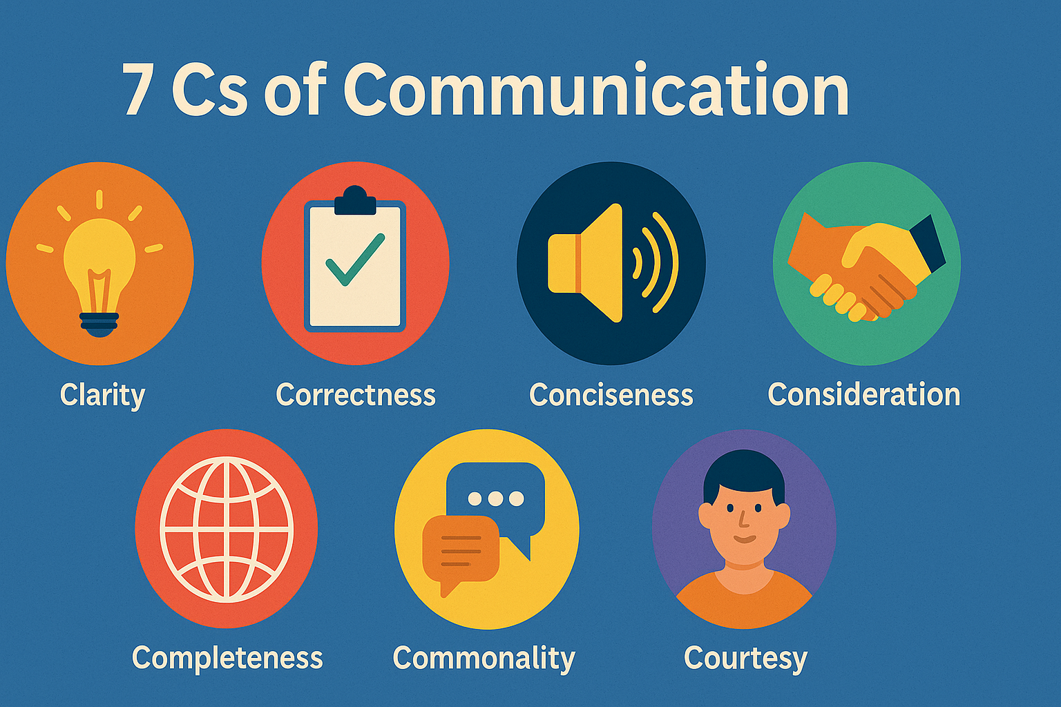 Infographic visualizing the 7 Cs of Communication—Clarity, Correctness, Conciseness, Consideration, Completeness, Commonality, and Courtesy—with colorful icons and bold labels, designed for students and professionals learning effective communication principles
