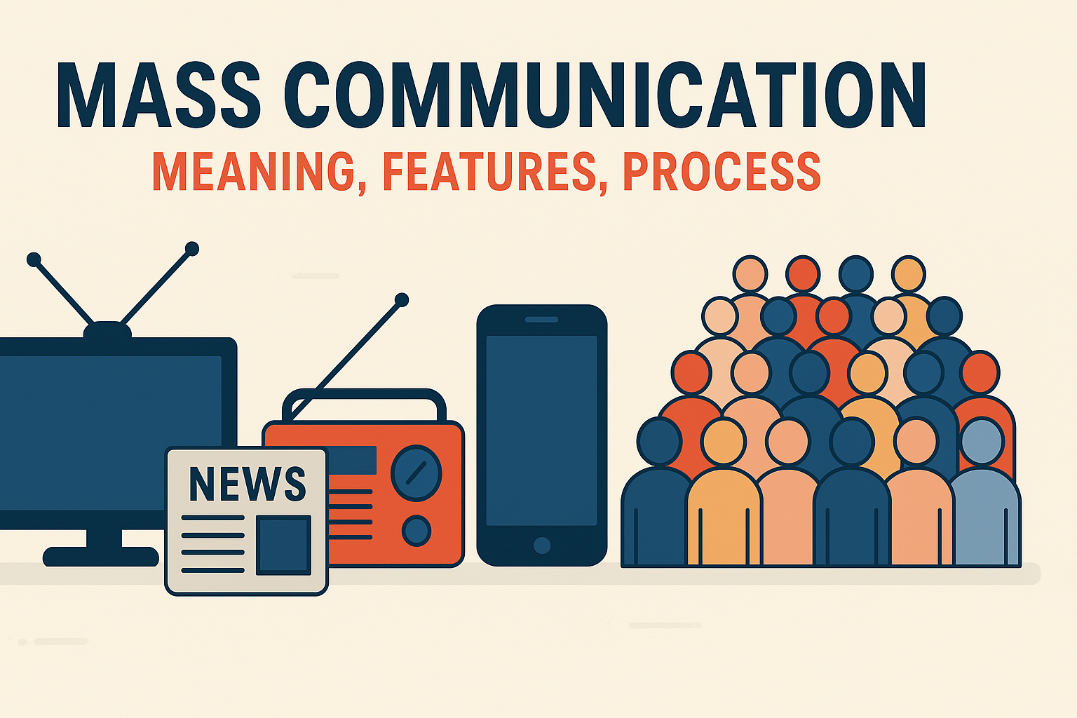 Illustration of mass communication channels including TV, radio, newspaper, and smartphone reaching a large diverse audience, representing the meaning, features, and process of mass communication for educational and UGC NET content.