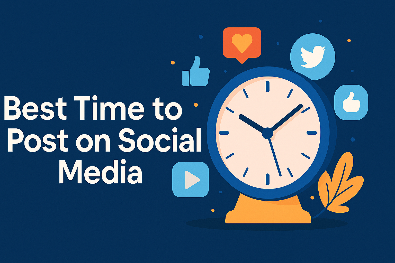 Illustration of a clock surrounded by social media icons with the title “Best Time to Post on Social Media” in bold text, representing optimal posting times for higher engagement on platforms like Twitter, Instagram, and Facebook in 2025