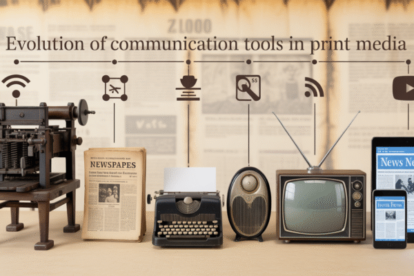 Examine the evolution and significance of newspapers and print media, highlighting key technological advancements. digital illustration showcasing the evolution of communication tools in print media. Use a horizontal timeline layout starting with a wooden printing press, followed by a traditional newspaper, a vintage typewriter, a classic radio, an old television set, and ending with a smartphone and digital tablet displaying online news. Incorporate subtle icons like Wi-Fi signals, RSS feeds, satellite, and social media logos (e.g., Twitter, YouTube) to reflect technological advancement.