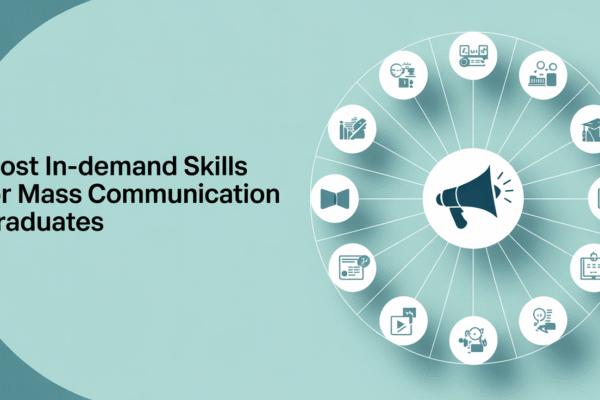 Infographic titled 'Most In-Demand Skills for Mass Communication Graduates' on a teal background. It lists key skill categories with icons: Digital Media & Content Creation, Communication & Writing, Analytical & Research, Technical & Production, Strategic & Managerial, Adaptability & Networking, and Creativity & Innovation.