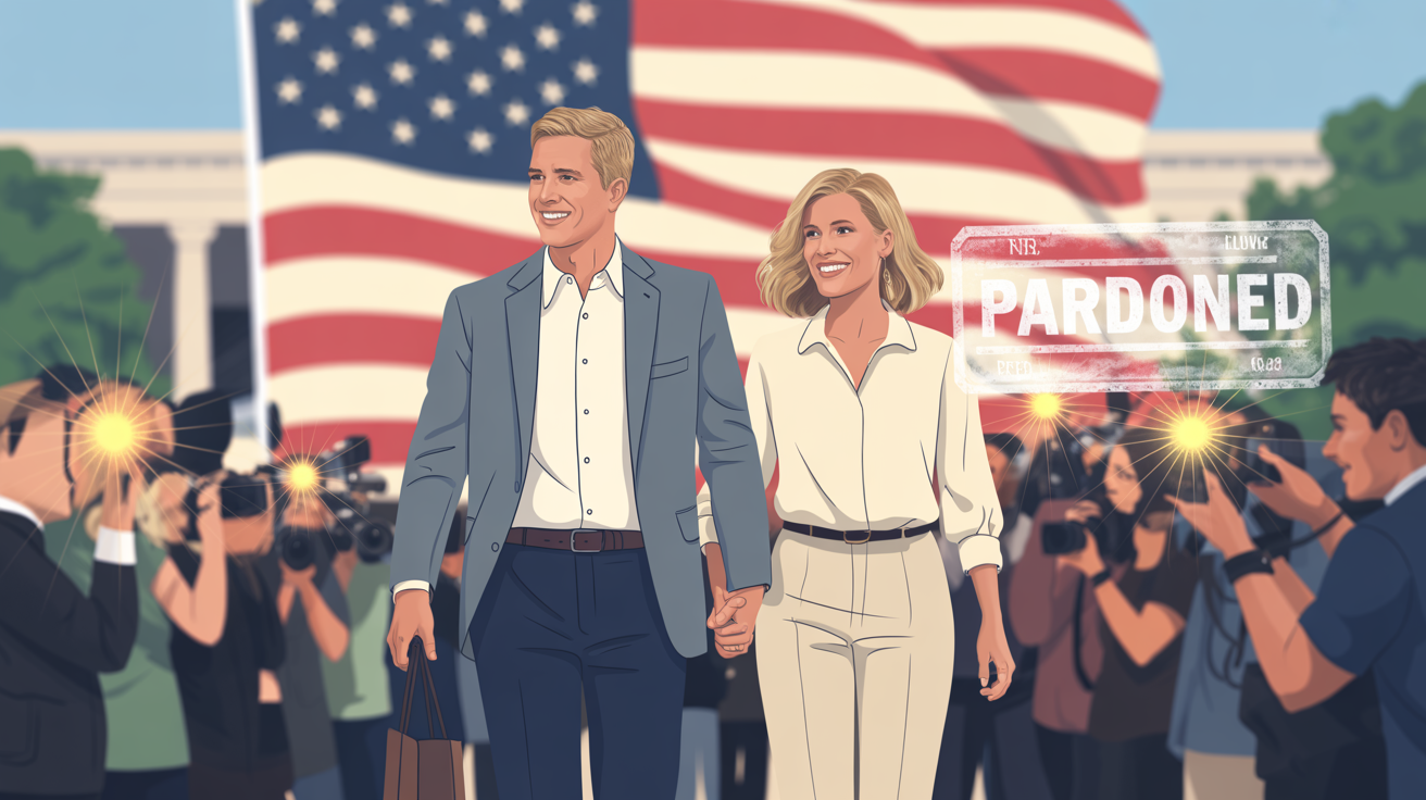 showing a celebratory but dignified moment outside a federal courthouse or the White House. Depict Todd and Julie Chrisley smiling and holding hands as they walk out together, dressed in smart casual attire, with photographers and media flashing cameras. In the background, show a symbolic U.S. flag and a subtle image of President Trump’s silhouette or a "Pardoned" legal stamp overlay to suggest executive clemency