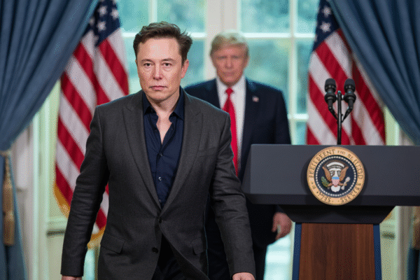 Elon Musk walks away from the presidential podium as Donald Trump stands in the background, symbolizing Musk’s resignation from the Trump administration and the end of his leadership of the DOGE task force, with U.S. flags and official emblems in a formal White House setting