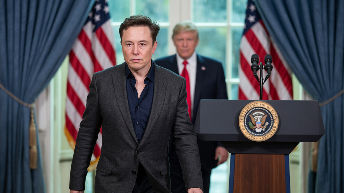 Elon Musk walks away from the presidential podium as Donald Trump stands in the background, symbolizing Musk’s resignation from the Trump administration and the end of his leadership of the DOGE task force, with U.S. flags and official emblems in a formal White House setting