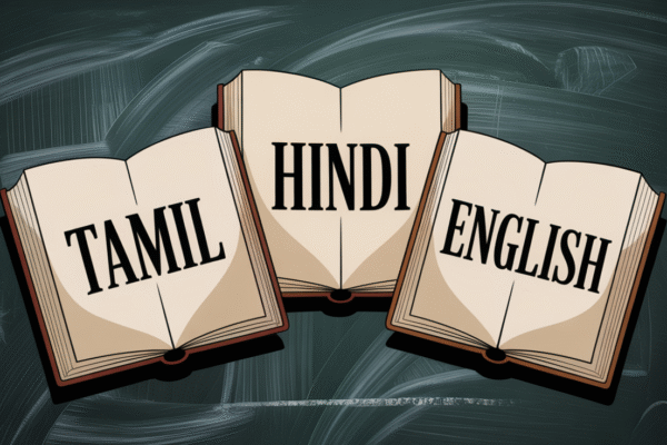 Illustration of three open books labeled Tamil, Hindi, and English against a chalkboard background, representing India's Three-Language Policy under NEP 2020, language issues, language debates in India.