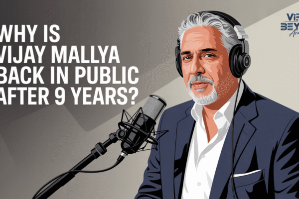 Why Is Vijay Mallya Back in Public After 9 Years? Vijay Mallya speaking into a podcast microphone wearing a suit and headphones, with the blog title “Why Is Vijay Mallya Back in Public After 9 Years?” displayed on a clean, professional background.