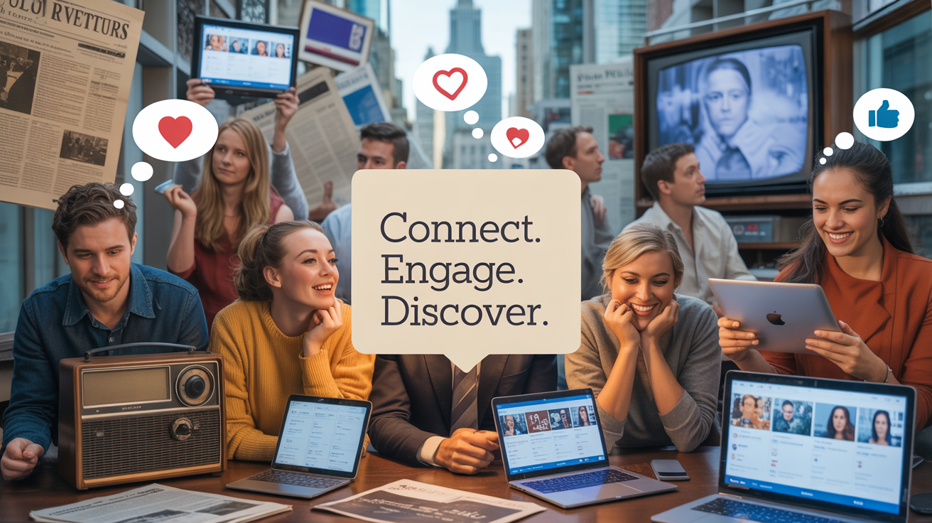 image illustrating different types of media audiences. Grid layout with diverse people interacting with various media: newspapers, television, radio, smartphones, laptops, and social media apps. Include visual elements like thought bubbles, heart/react icons, and algorithmic feeds, title text: Media Audiences and the Psychology Behind What We Watch