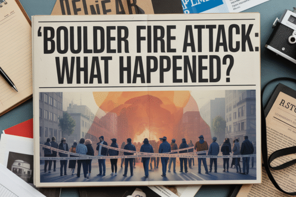 Illustration of Boulder fire attack during peaceful protest at Pearl Street Mall, showing symbolic protest scene, police tape, abstract fire elements, and journalism icons like camera and notepad — representing ethical news reporting and public safety concerns.
