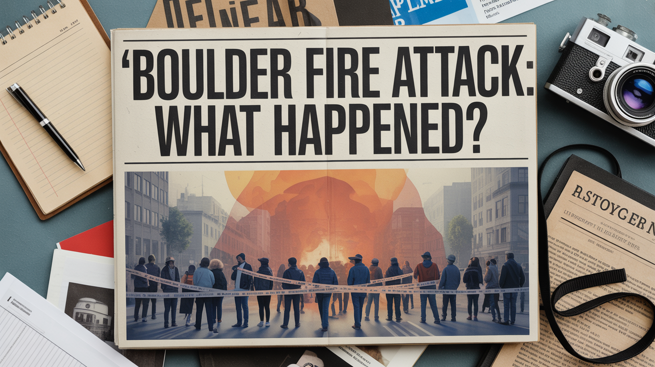 Illustration of Boulder fire attack during peaceful protest at Pearl Street Mall, showing symbolic protest scene, police tape, abstract fire elements, and journalism icons like camera and notepad — representing ethical news reporting and public safety concerns.