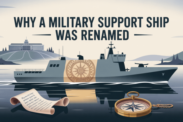 Why the U.S. Navy Renamed the USNS Harvey Milk: A Student-Friendly Explainer Illustration of a U.S. Navy ship on open water with symbolic nameplate change representing the renaming of the USNS Harvey Milk, set against a backdrop of the Pentagon and Navy insignia—reflecting evolving military culture and inclusivity.