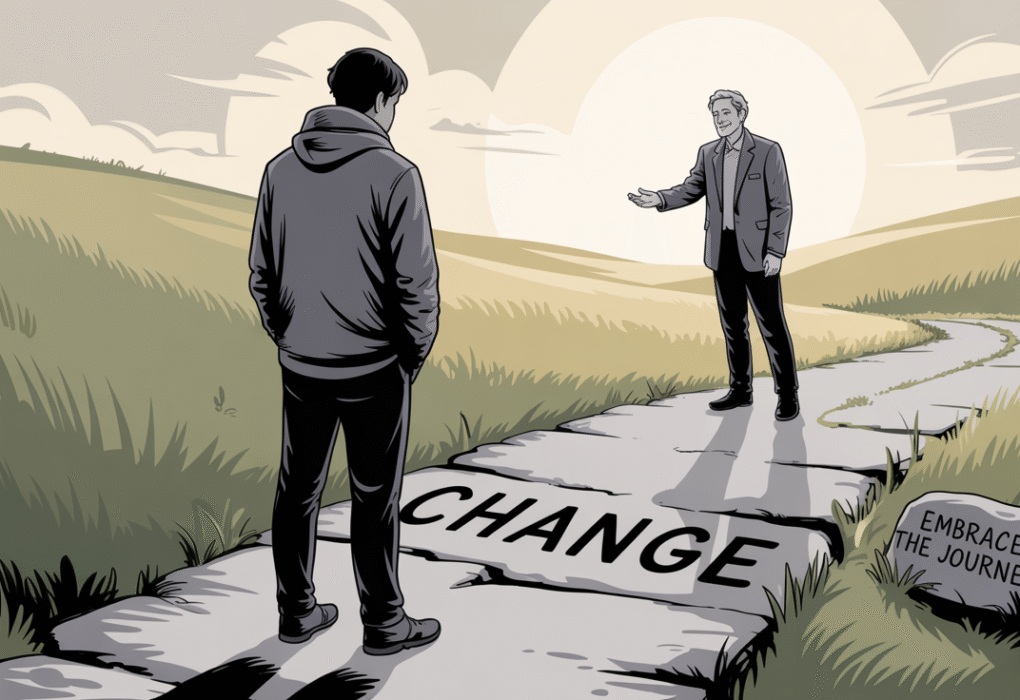 A person avoiding a sign labeled 'Change Ahead' with arms crossed, representing psychological resistance to change in communication