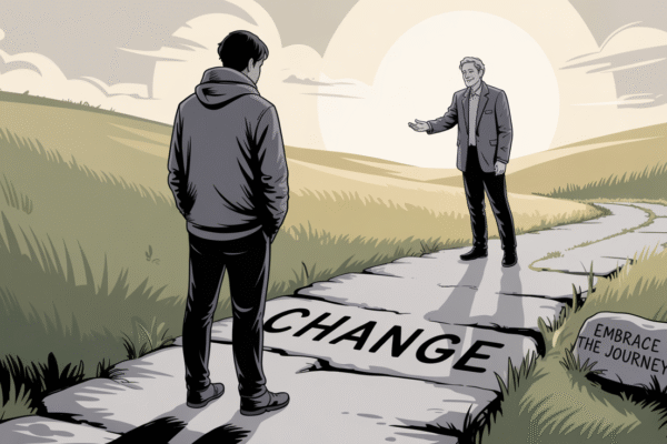 A person avoiding a sign labeled 'Change Ahead' with arms crossed, representing psychological resistance to change in communication