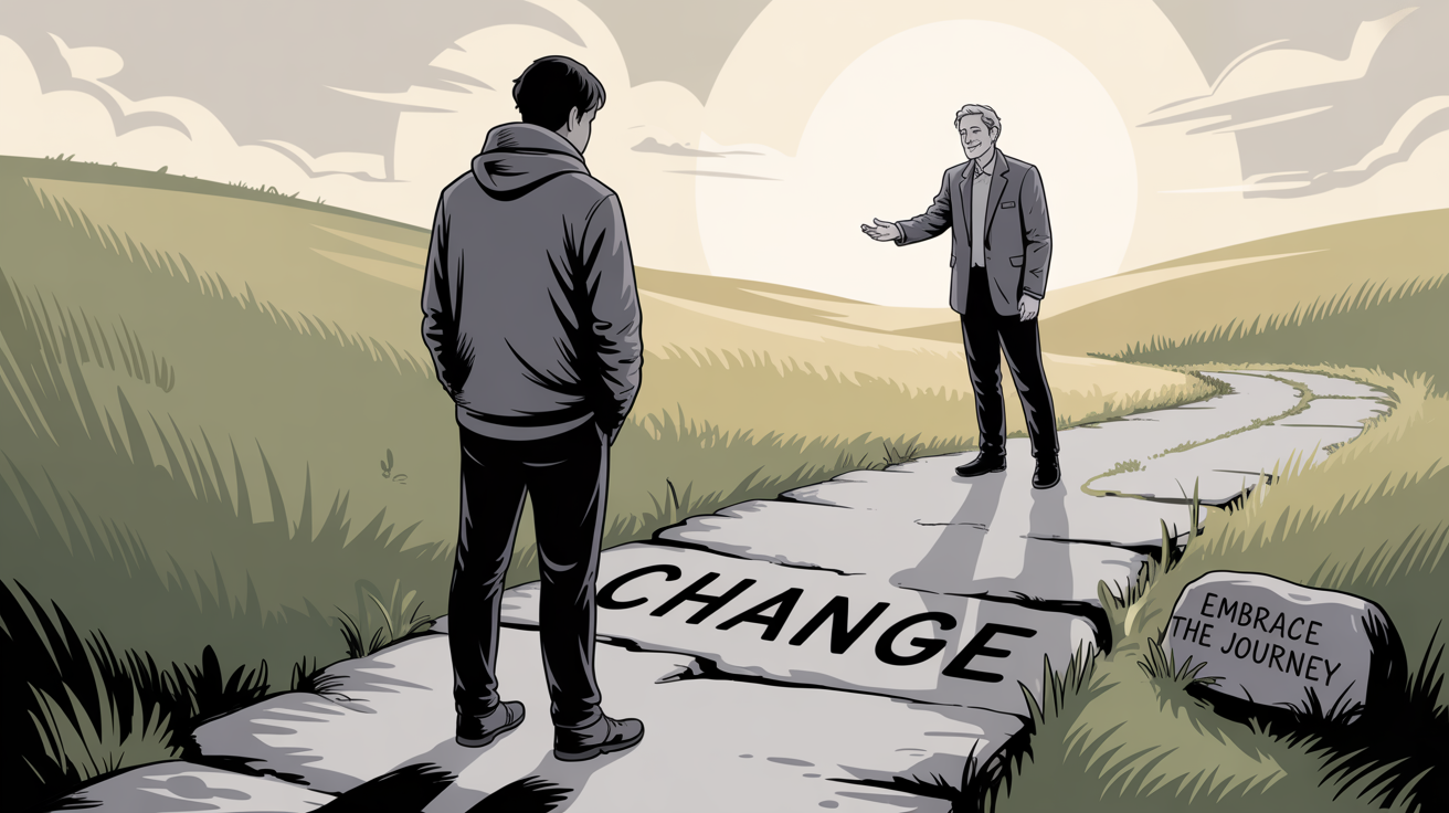 A person avoiding a sign labeled 'Change Ahead' with arms crossed, representing psychological resistance to change in communication