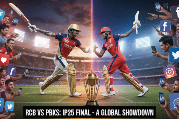 RCB and PBKS players face off at Narendra Modi Stadium in IPL 2025 final, fans watching worldwide on digital devices.