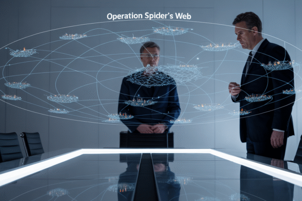 What Is Operation Spider’s Web? Digital illustration showing Operation Spider's Web concept with a global map overlaid by a spider web, connected tactical nodes, satellite imagery, and military silhouettes—representing modern warfare, surveillance, and strategic communication