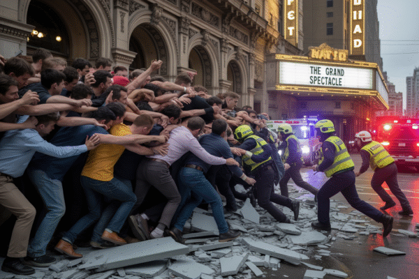 Chaotic crowd scene at a public event in India showing broken barricades and emergency responders during a stampede