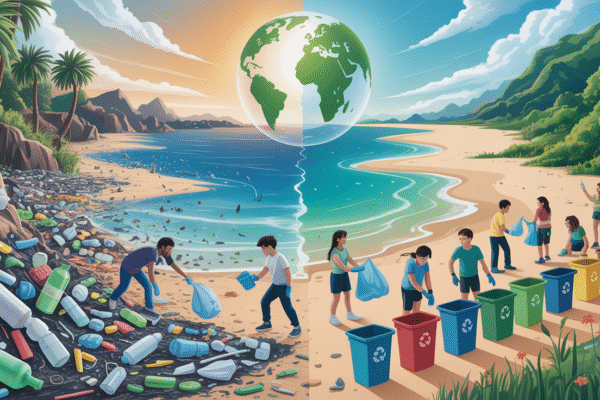 Trending Now: Why World Environment Day 2025 Is the Talk of the Internet! A split-view illustration of a beach showing severe plastic pollution on the left and a clean, thriving environment on the right, with volunteers, including children and youth, participating in beach clean-up and waste segregation under a floating Earth—symbolizing global unity for World Environment Day 2025 and the fight against plastic pollution.