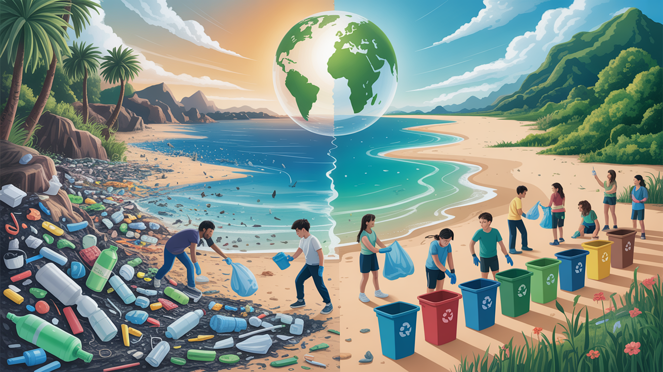A split-view illustration of a beach showing severe plastic pollution on the left and a clean, thriving environment on the right, with volunteers, including children and youth, participating in beach clean-up and waste segregation under a floating Earth—symbolizing global unity for World Environment Day 2025 and the fight against plastic pollution.