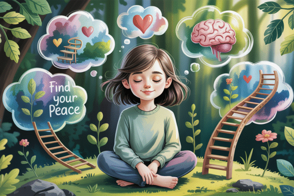 A person engaging in self-reflection through thought bubbles symbolizing inner dialogue, emotional growth, and mindfulness