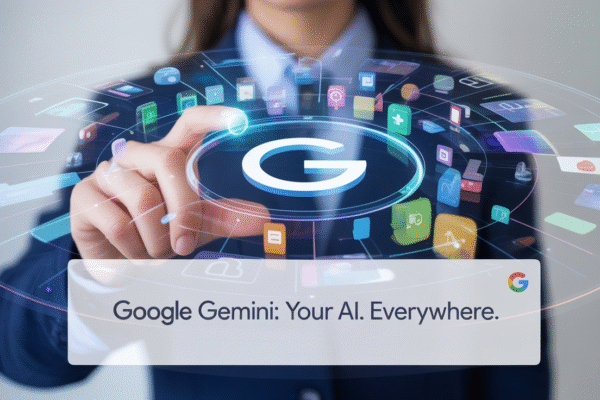 Illustration of Google Gemini AI integration across search, apps, devices, and cloud showing futuristic smart assistant technology and digital ecosystem