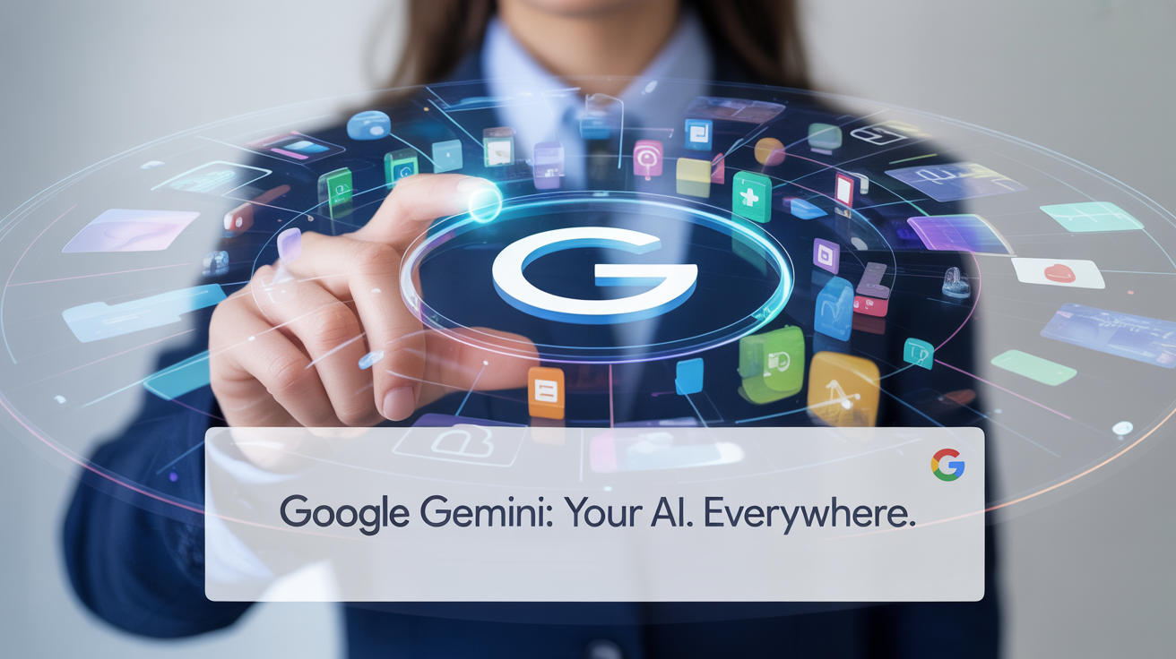 Illustration of Google Gemini AI integration across search, apps, devices, and cloud showing futuristic smart assistant technology and digital ecosystem