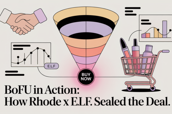 Feature image showing BOFU marketing funnel with beauty brand elements, trust icons, and purchase decision visuals inspired by Rhode and e.l.f.