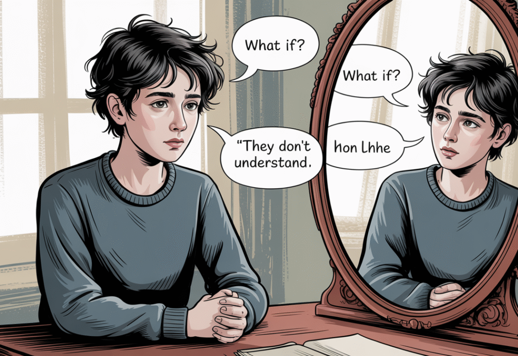 Illustration of a person reflecting on their self-image, with communication bubbles around them showing confusion and emotional distance.