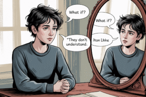 Illustration of a person reflecting on their self-image, with communication bubbles around them showing confusion and emotional distance.
