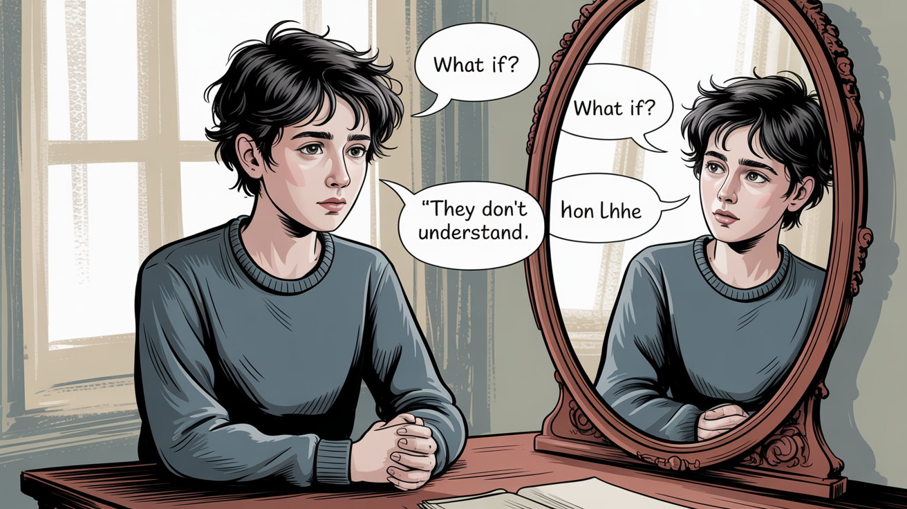Illustration of a person reflecting on their self-image, with communication bubbles around them showing confusion and emotional distance.