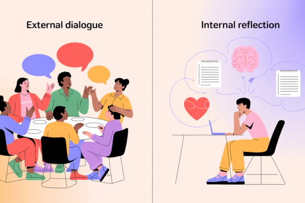 Interpersonal vs Intrapersonal Communication: A Student-Friendly Guide Illustration showing the difference between interpersonal and intrapersonal communication: one side displays a group of people talking with speech bubbles and gestures, while the other side shows a person alone with thought bubbles and journal notes, symbolizing internal dialogue and self-reflection.