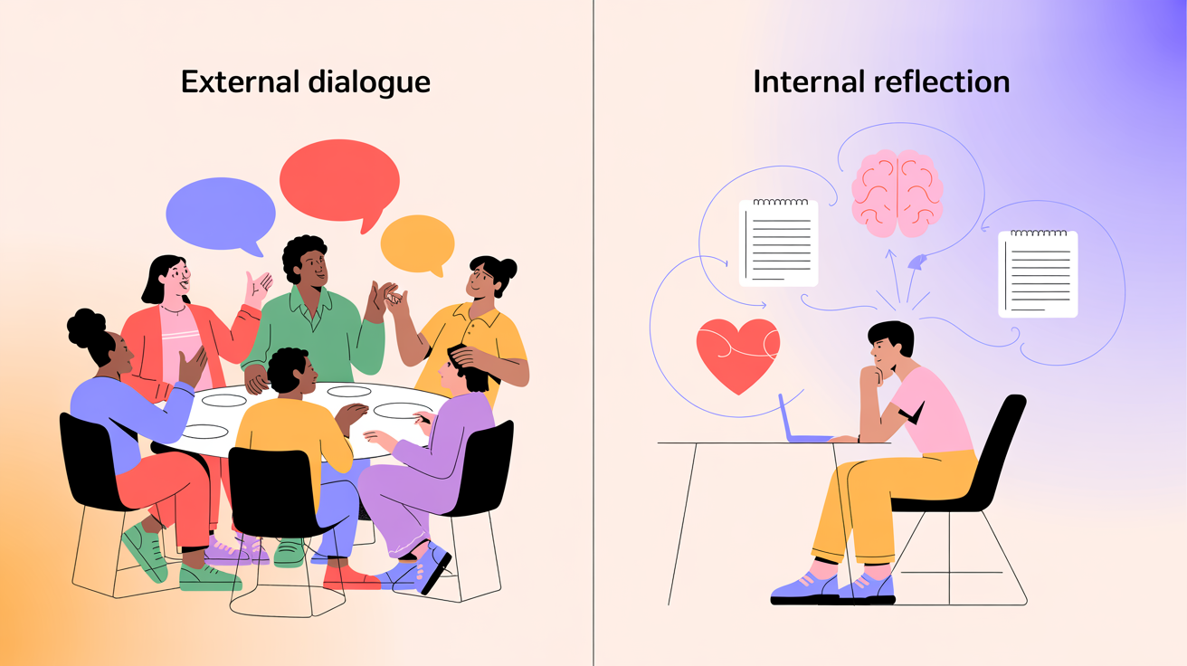 Illustration showing the difference between interpersonal and intrapersonal communication: one side displays a group of people talking with speech bubbles and gestures, while the other side shows a person alone with thought bubbles and journal notes, symbolizing internal dialogue and self-reflection.