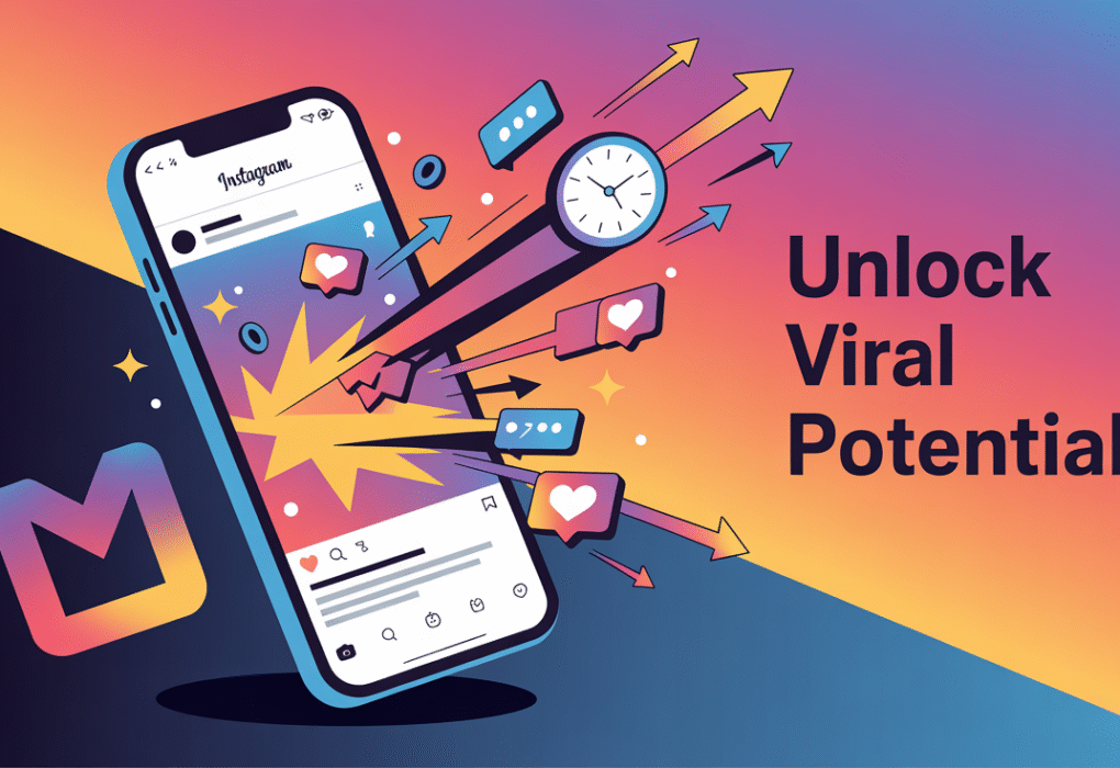 Illustration of an Instagram post on a smartphone screen rapidly gaining likes, comments, and shares, with icons representing engagement and arrows indicating increased reach within the first hour.