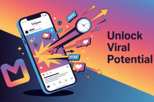 Illustration of an Instagram post on a smartphone screen rapidly gaining likes, comments, and shares, with icons representing engagement and arrows indicating increased reach within the first hour.
