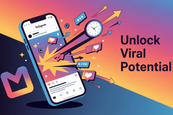 Illustration of an Instagram post on a smartphone screen rapidly gaining likes, comments, and shares, with icons representing engagement and arrows indicating increased reach within the first hour.