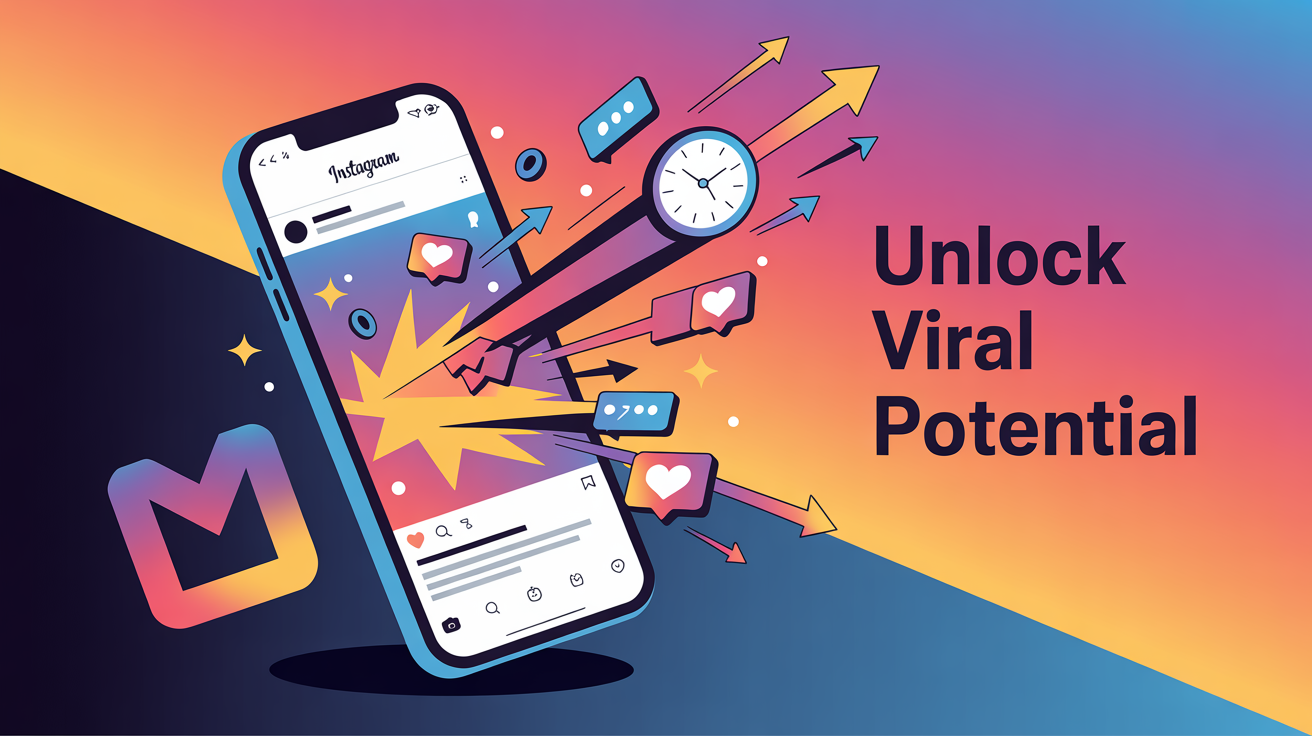 Illustration of an Instagram post on a smartphone screen rapidly gaining likes, comments, and shares, with icons representing engagement and arrows indicating increased reach within the first hour.